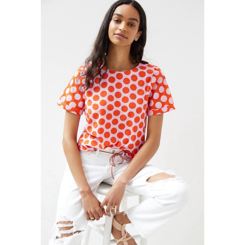 Maeve Anthropologie Polka Dot Top Women’s M Pink Red 100% Cotton Short Sleeve